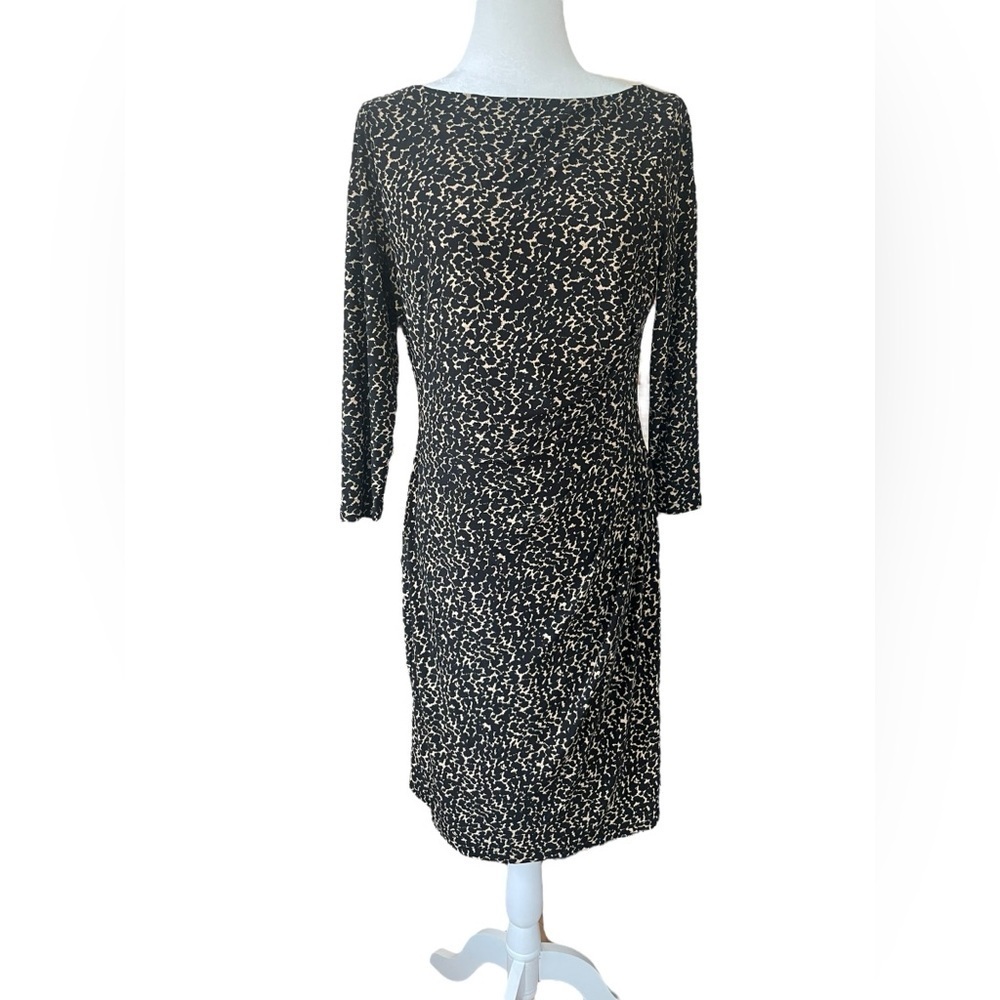 Lauren Ralph‎ Lauren Animal Print Black Tan Knee-Length Ruched Dress- Size 10